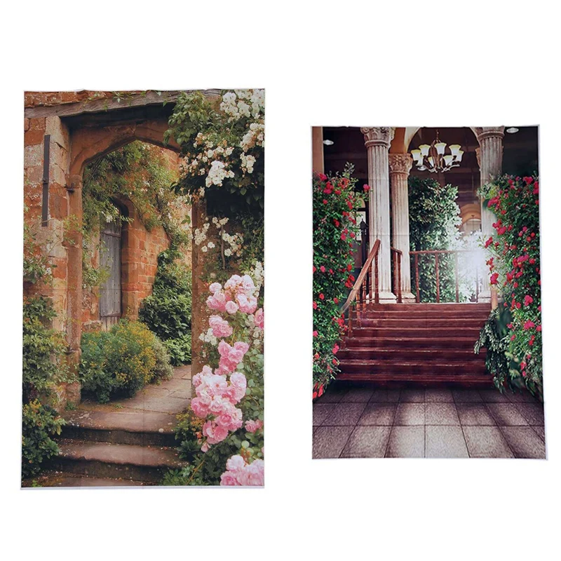

HTHL-2 Pcs Beautiful Flower Palace Vinyl Photo Background Waterproof Printed Camera Photography Backdrop 5X7ft & 3X5ft