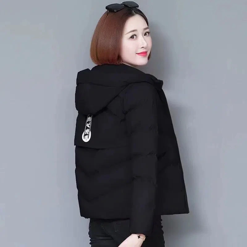 Down Cotton Jacket Women 2022 Winter New Korean Slim Fashion Casual All-match Parkas Female Hooded Print Short Padded Coat
