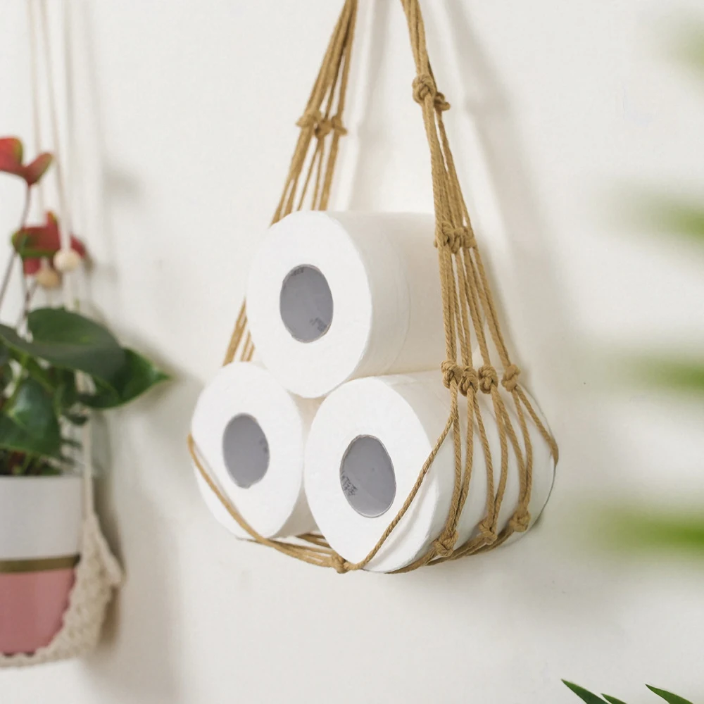 

Nordic Style Hanging Cotton Rope Roll Paper Holder Toilet Paper Magazine Home Hotel Storage Hanging Pocket Rack Space-Saving