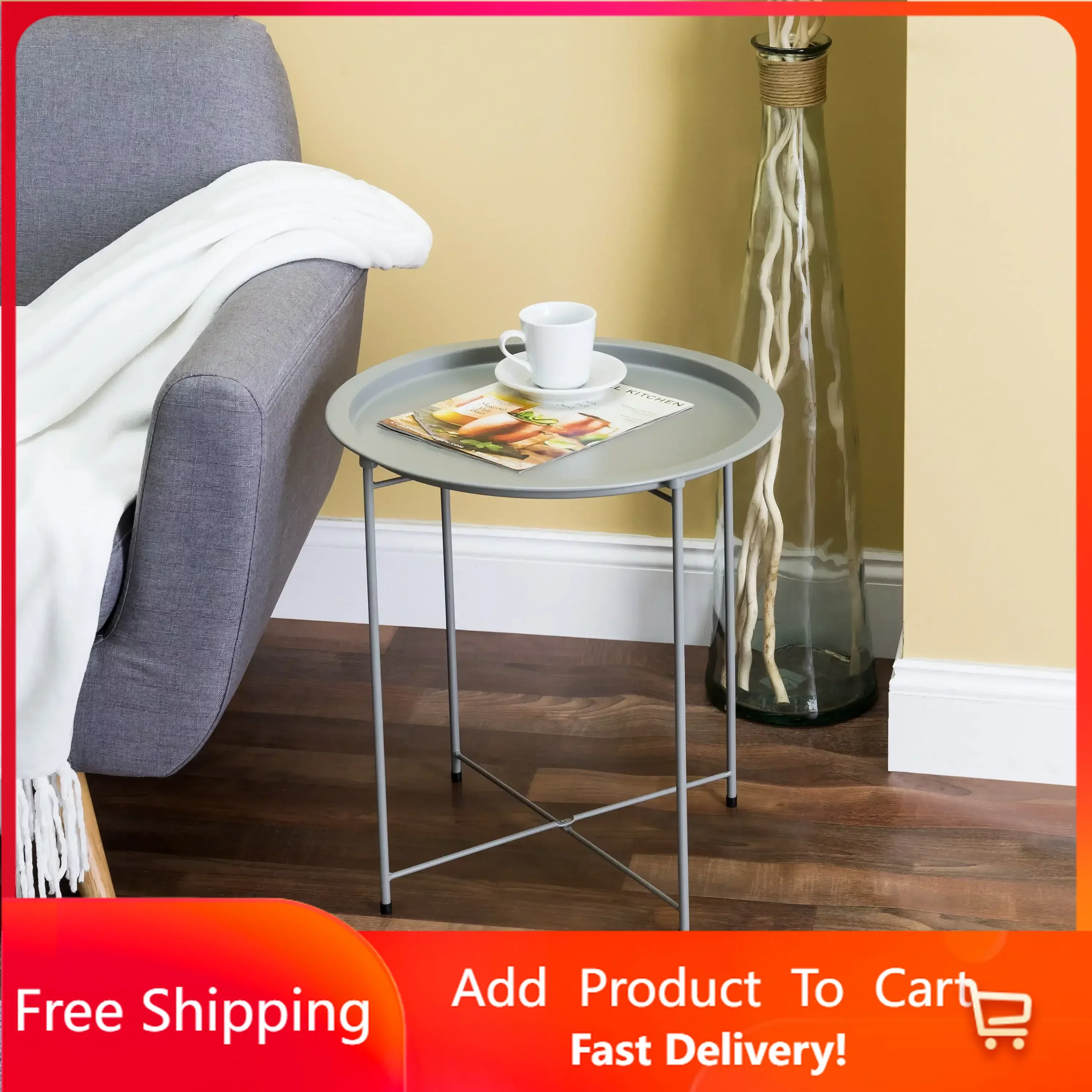

Foldable Round Multi-Purpose Side Accent Metal Table, Matte Grey furniture tea table Rapid Transit Free Shipping