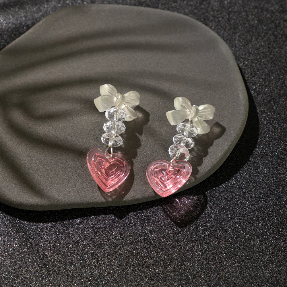

European And American Fashion Bow Crystal Pink Heart Pendant Earrings Ladies 2023 Trend Pendant Ladies Long Earrings Jewelry