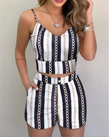 2022 summer new womens two piece printed slim suspenders v neck crop top shorts set