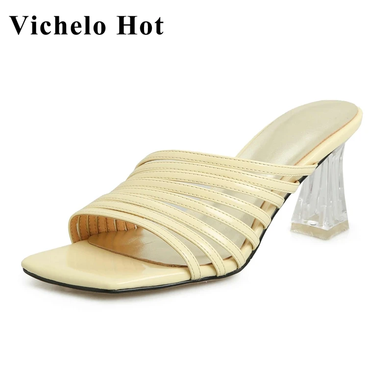 

Vichelo Hot Microfiber Peep Toe Crystal High Heel Mules Narrow Band French Elegant Beauty Lady Dating Mature Women Sandals L37