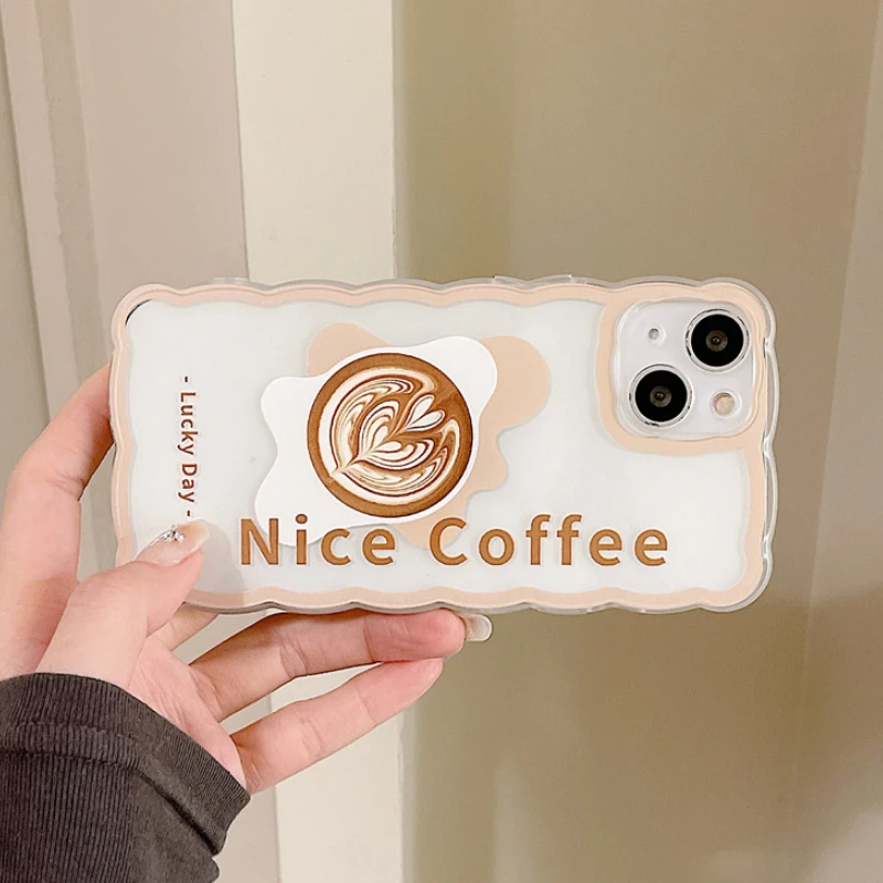 

Fashion Pull Flower Coffee Wave Border Clear Phone Case For iPhone 13 11 12 Pro X XR XS Max MINI 7 8Plus Cute Cartoon Soft Cover
