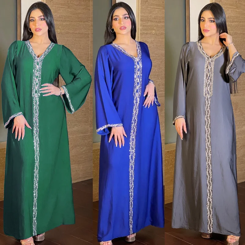 

Muslim Dress Women Rhinestone Solid Color V-Neck Long Dress Jalabya Arabic Dubai Oman Qatar Turkish Abaya Moroccan Kaftan