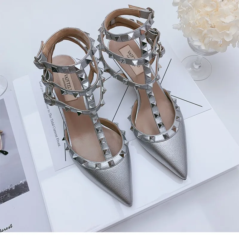 2023 Summer Luxury Genuine Leather Women's Sandals High Heels Classic Metal Rivet Pointed Pumps Sexy Wedding Party Shoes 33 - 41