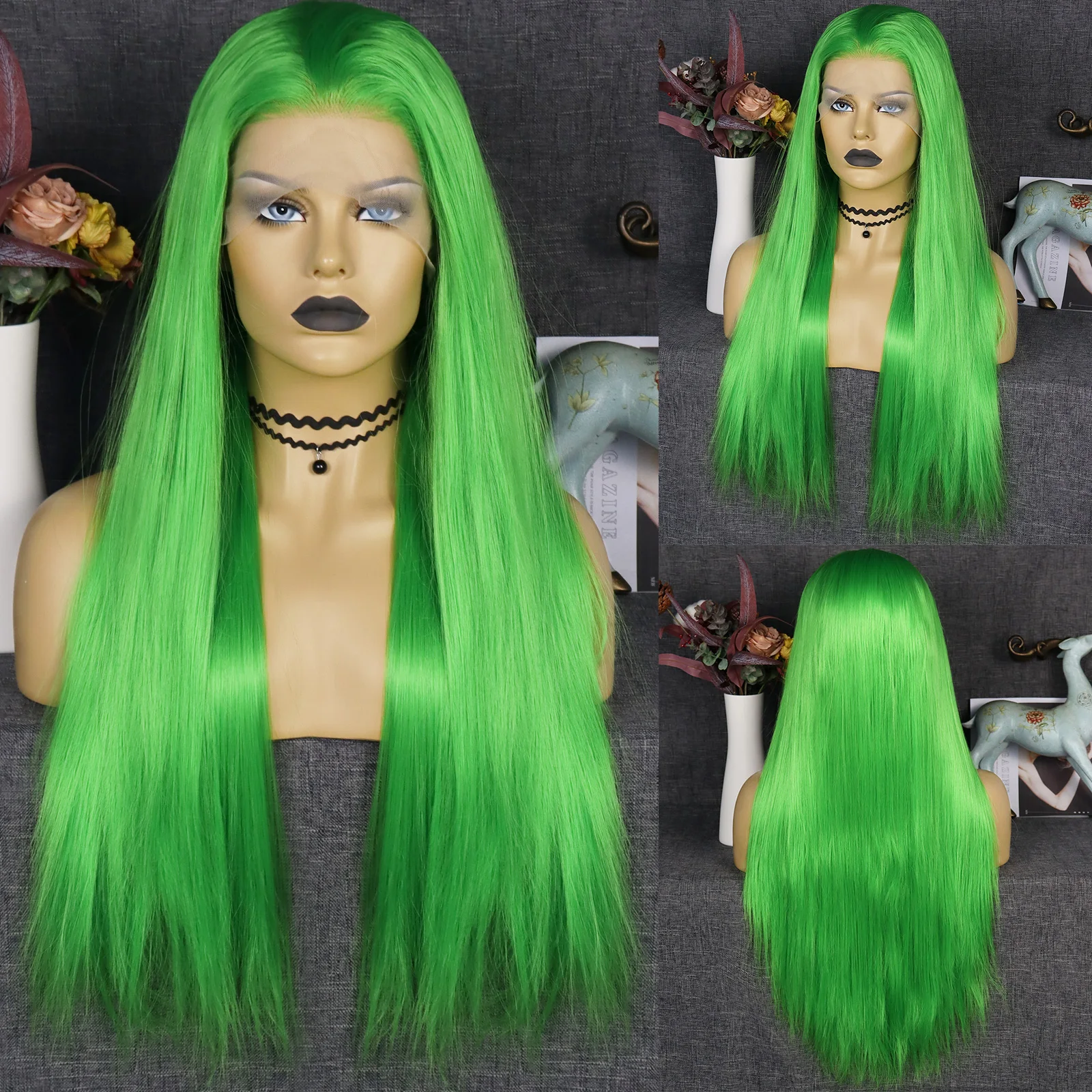 JT Synthetic 30IN 13x3 Lace Front Wigs Natural Hairline Fluorescent Green Straight Wig For Black Women Hollywood Party