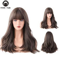 parkyun daily wear wigs long black wave synthetic wigs with bang for girl good quality brown heat resistant crochet fake hair