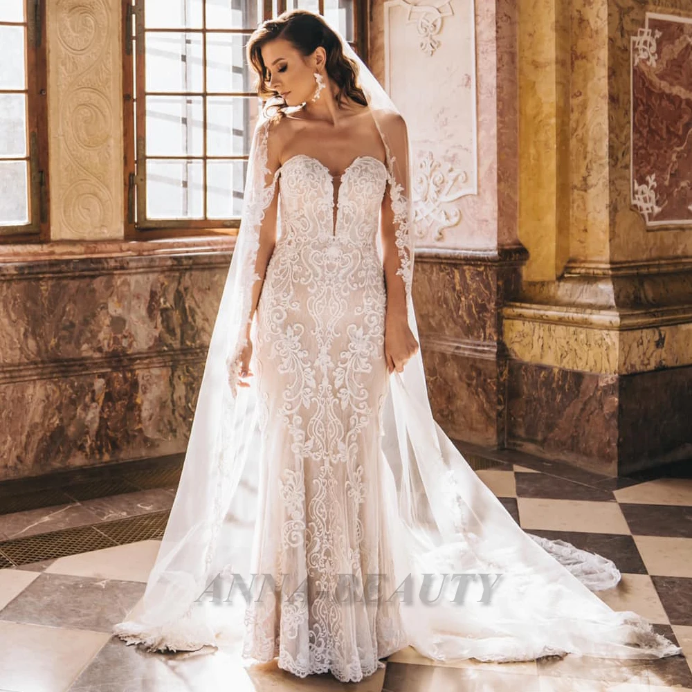 

Anna Mermaid V Neck Appliques Wedding Gown For Bride Off The Shoulder Lace Zipper Floor Length Vestidos De Novia Brautmode