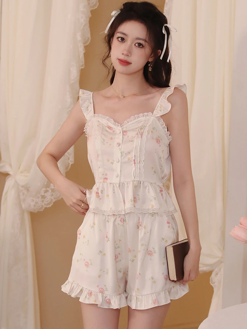 Women Summer Sweet Girl Sleeveless Silk Pajama Two Piece Set Loose French Print Ruffles Homewear Victorian Night Loungewear