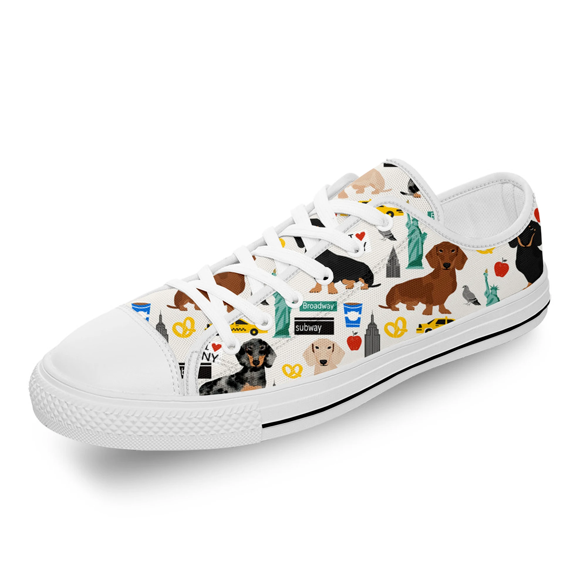 

Dachshund Pug Teckel Cartoon Dog White Cloth Fashion 3D Print Low Top Canvas Shoes Men Women Lightweight Breathable Sneakers