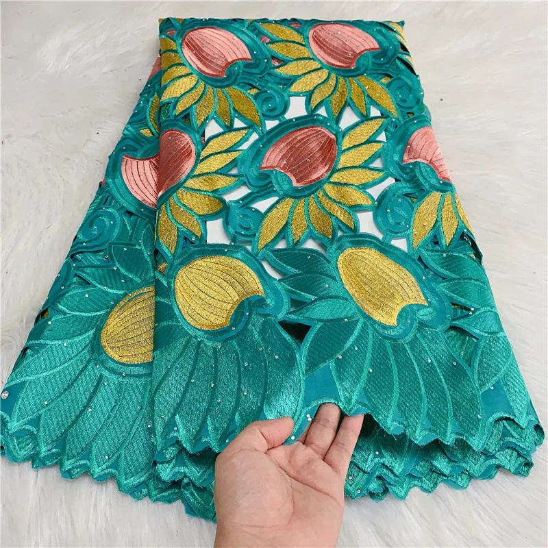 

5 Yard Swiss Fabric Latest Heavy Beaded Embroidery African 100% Cotton Voile Lace Popular Dubai Style For wedding Party