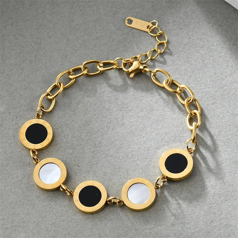 

Classic Black White Shell Stainless Steel Female Bracelet Gold Plated Premium Simple Roman Numerals Adjustable Bangle Jewelry