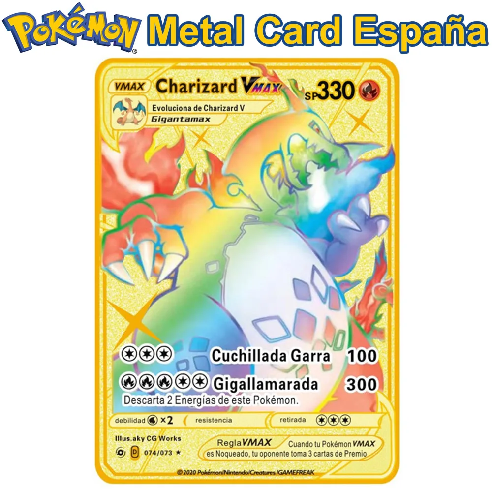 Spanish Pokemon Metal Cards V VMAX Pokémon Letters Charizard Pikachu Collection Gold Card GX SP Original Game Toy Kids Gift