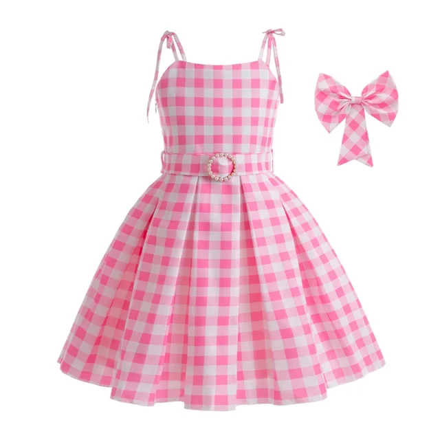 2023 Movie Barbi Theme Cosplay Costume for Girls Kids Clothes Pink Plaid Party Princess Dress Halloween Carnival Vestidos 3-10T 6