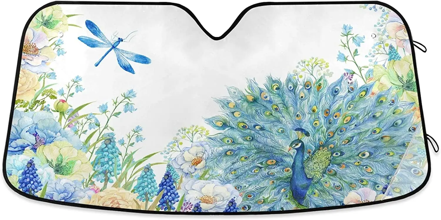 

Солнцезащитный козырек для лобового стекла автомобиля, светоотражающий аксессуар с синим павлином, стрекозой, цветами, открытым хвостом