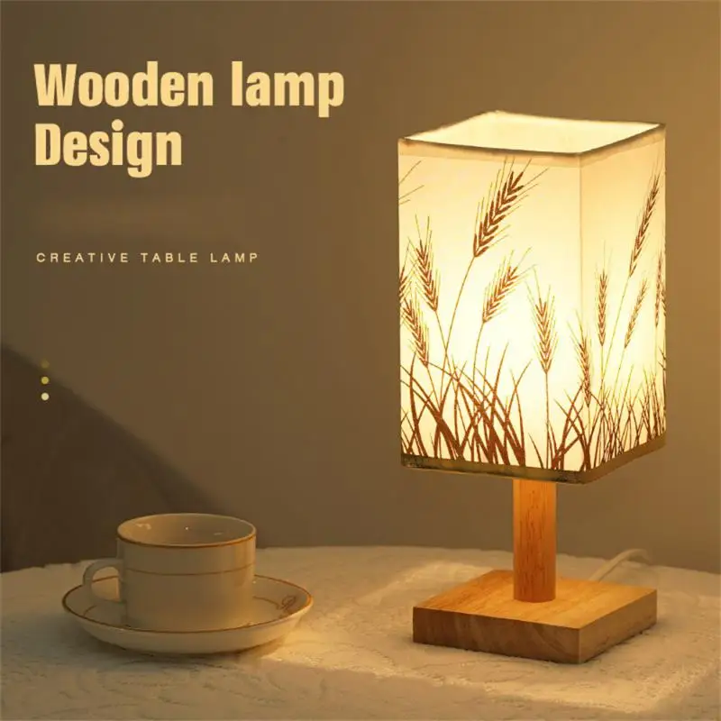 

4 Styles Linen Table Lamp Remote Control Dimmable Wooden LED Night Light Bedroom Bedside Lamp Shade USB Power Night Light