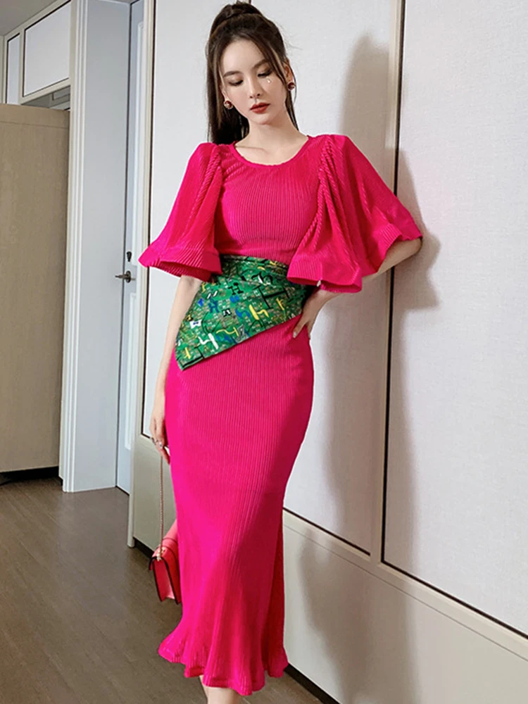

Summer Long Dresses for Women 2022 Elegant Chic Satin Pleated O-neck Flare Sleeve Printed Girdle Trumpet Robe Party Prom Vestido