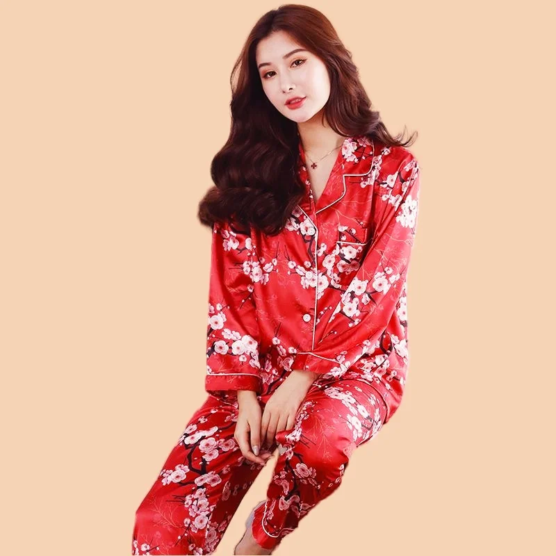 Vintage Women's Pajamas Set Artificial Silk Homewear Flower Print Pajamas Women Sweet Full-Sleeve Fashion Cozy Pyjamas Big Size