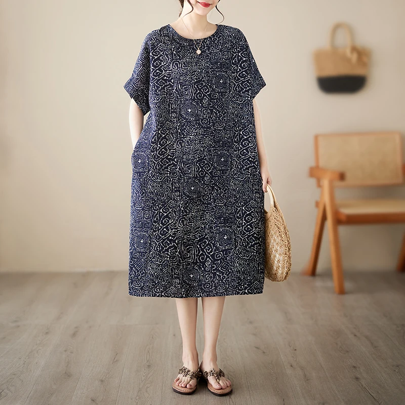 

2023 New Arrival Summer Arts Style Women Casual Loose Vintage Print O-neck Short Sleeve Cotton Linen Knee-length Dresses V578