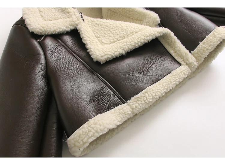 Winter Short Leather Coat Women Zipper Thick Warm Fur Lapel Short Bomber Jackets Female Velvet Lamb Fur Faux Leather Jacket