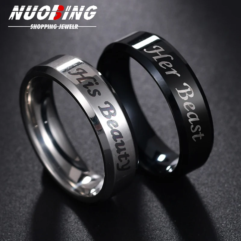 

Her Beast His Beaty Cartoon Anime Men's Women Couple Ring Role Play Stainless Steel Jewelry Black Silver Party Anniversary Aift