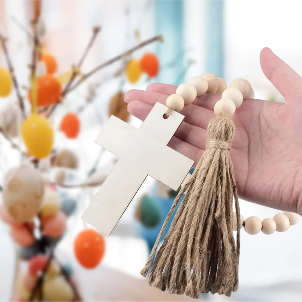 

60Pcs Wood Bead Easter Religious Wood Bead Garland Farmhouse Rustic Beads With Jute Rope Plaid Tassel Natural Wood Beads Decor