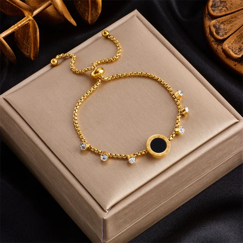 

DQQ Stainless Steel Roman Number Bracelet For Women Round Vintage Trend Girls Zircon Wrist Jewelry Party Gift Gold