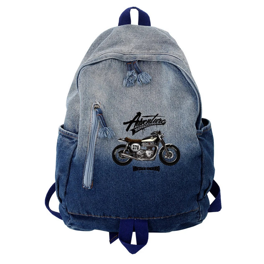 

Blue Denim Canvas Women Backpack Big Capacity High Quality Female Bag Casual Jeans Travel Super Motorcyle Legend Pattern Printed