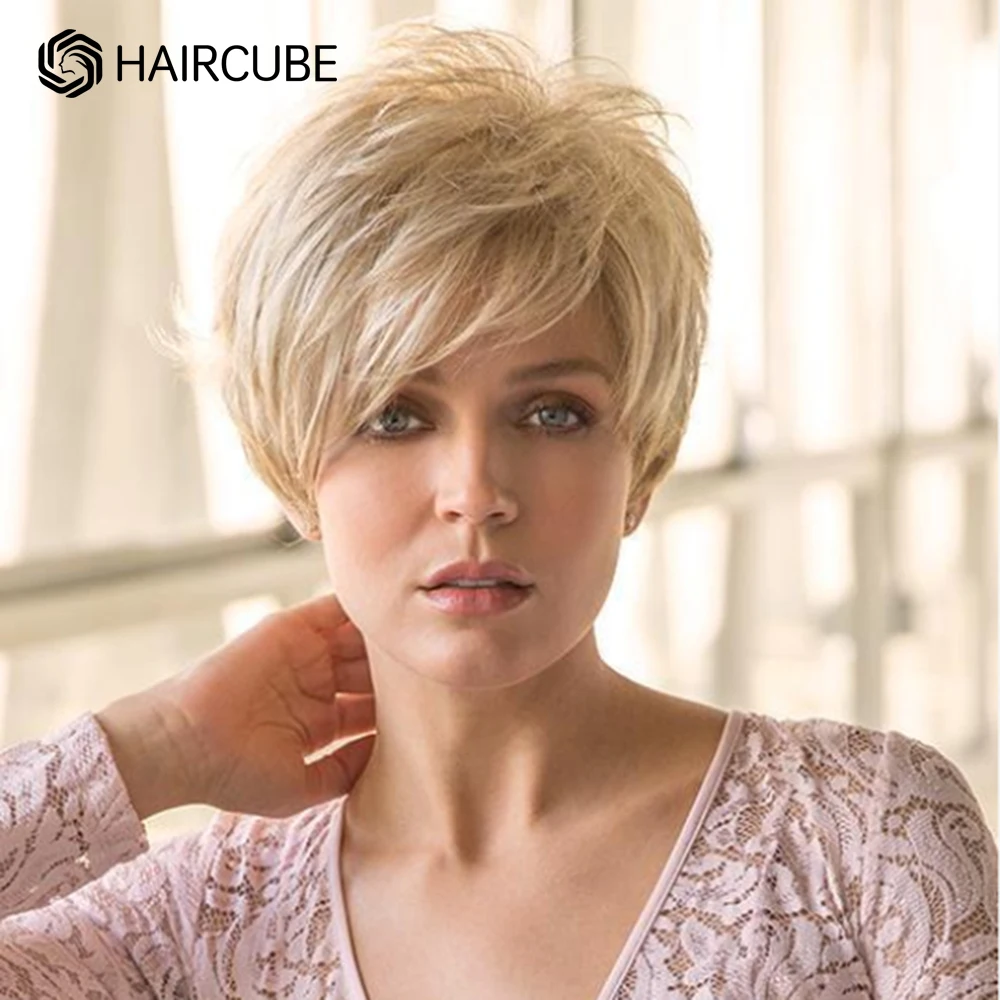 HAIRCUBE-peluca rubia corta para mujer, cabello humano sintético con corte Pixie, resistente al calor, con flequillo, uso diario