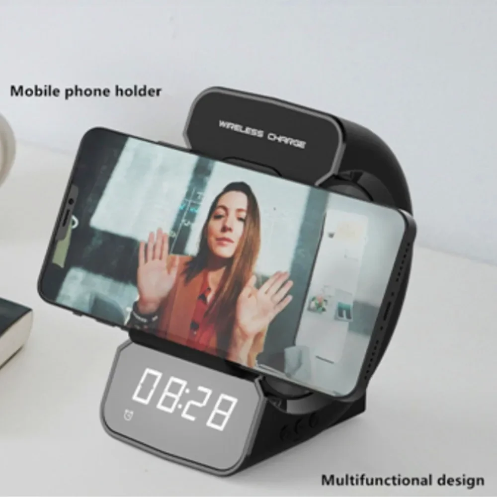 Smartphone Wireless Charger Bluetooth Speaker FM Radio Audio TF Card Aux Music Player MP3 Clock Alarm Mobile Phone Holder Stent