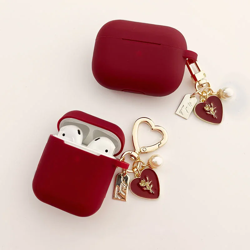 

Earphone Case Vintage Roses Pearl Keychain Wine Red Silicone For Apple Airpods 1 2 Pro 3 Bluetooth Headset Cover Sweet Cute