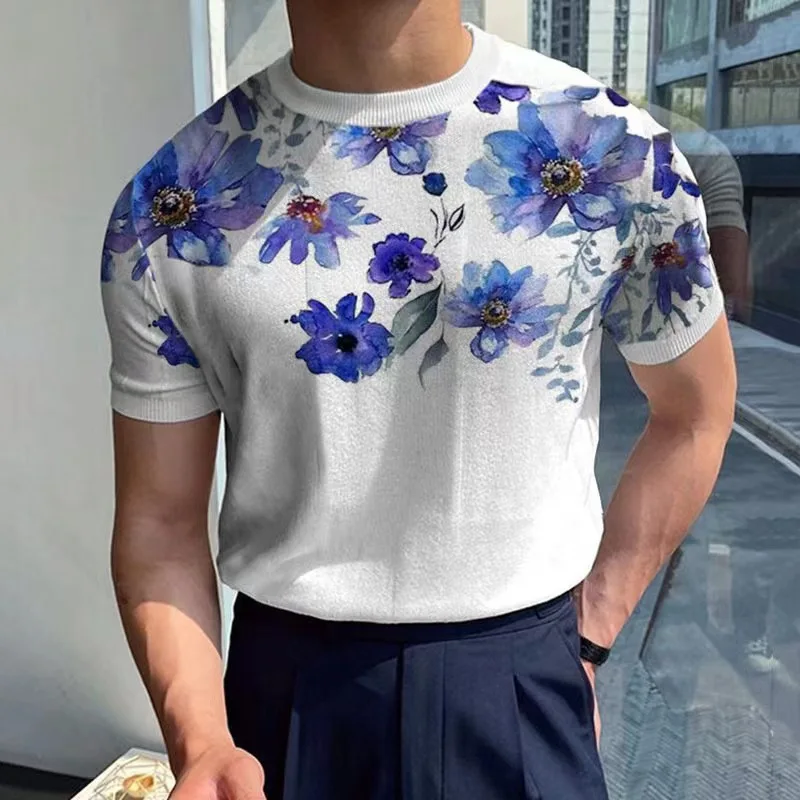 

New Design Floral Print Men T-shirts Summer Short Sleeve Slim Fit Knite Elegance Luxury Smart Casual Daily Shirt Male Tees Tops