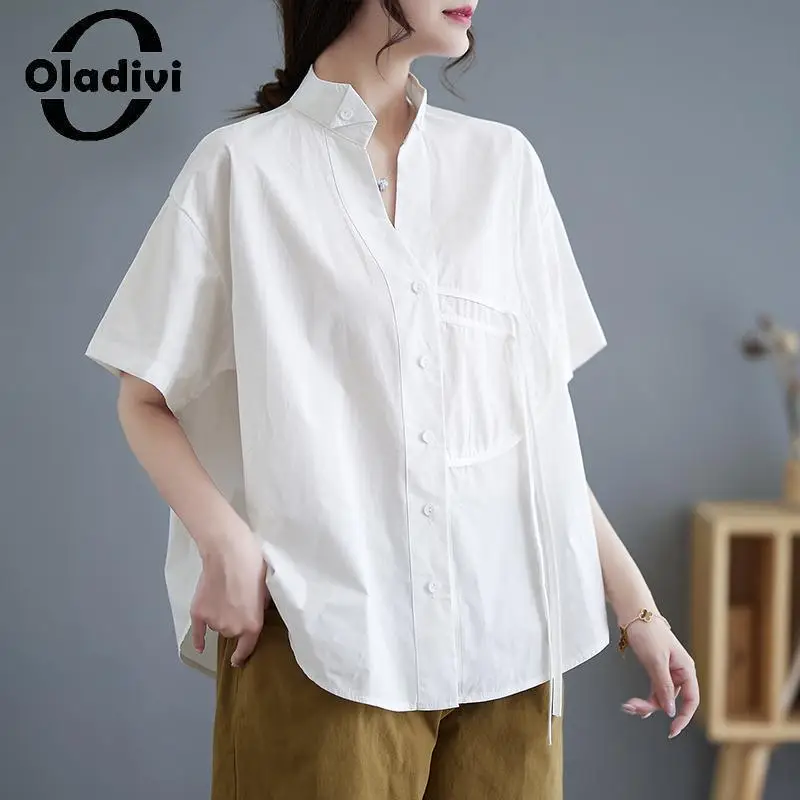 

Oladivi Large Size Women Solid Color Blouses 2023 Summer New Casual Loose Shirts Vintage Ladies Oversized Tops Tunic Blusas 1092