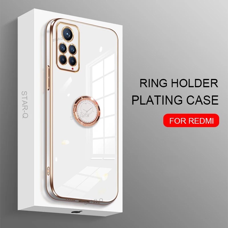 plating square ring holder phone case on for xiaomi redmi note 10 pro 11 note10 5g s 10pro 10s 4g luxury silicone stand cover free global shipping