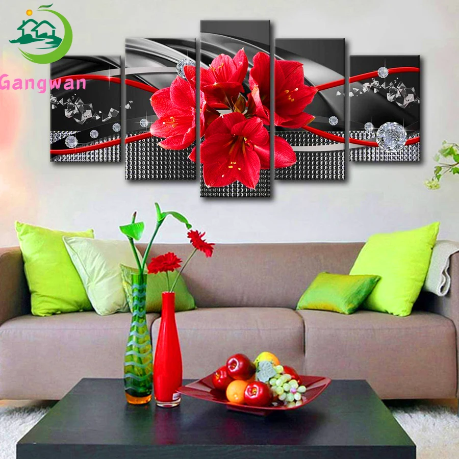 

5 pcs Full square 5d Diamond embroidery"red flower"diy round diamond mosaic set diamond painting cross stitch home decoration