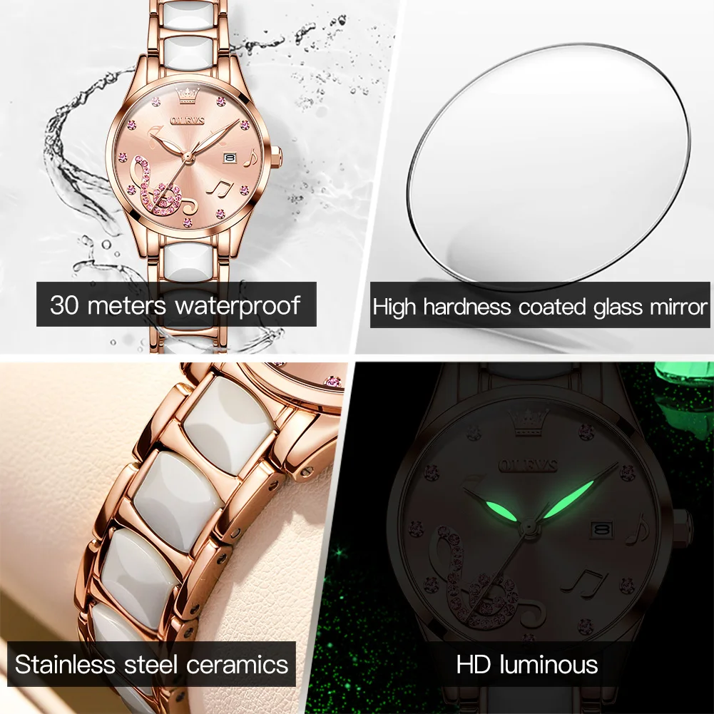 OLEVS 3605 Fashion Waterproof Watches for Women Ceramic Strap Japan Quartz Ceramics Japanese Movement Women Wristwatch Luminous enlarge