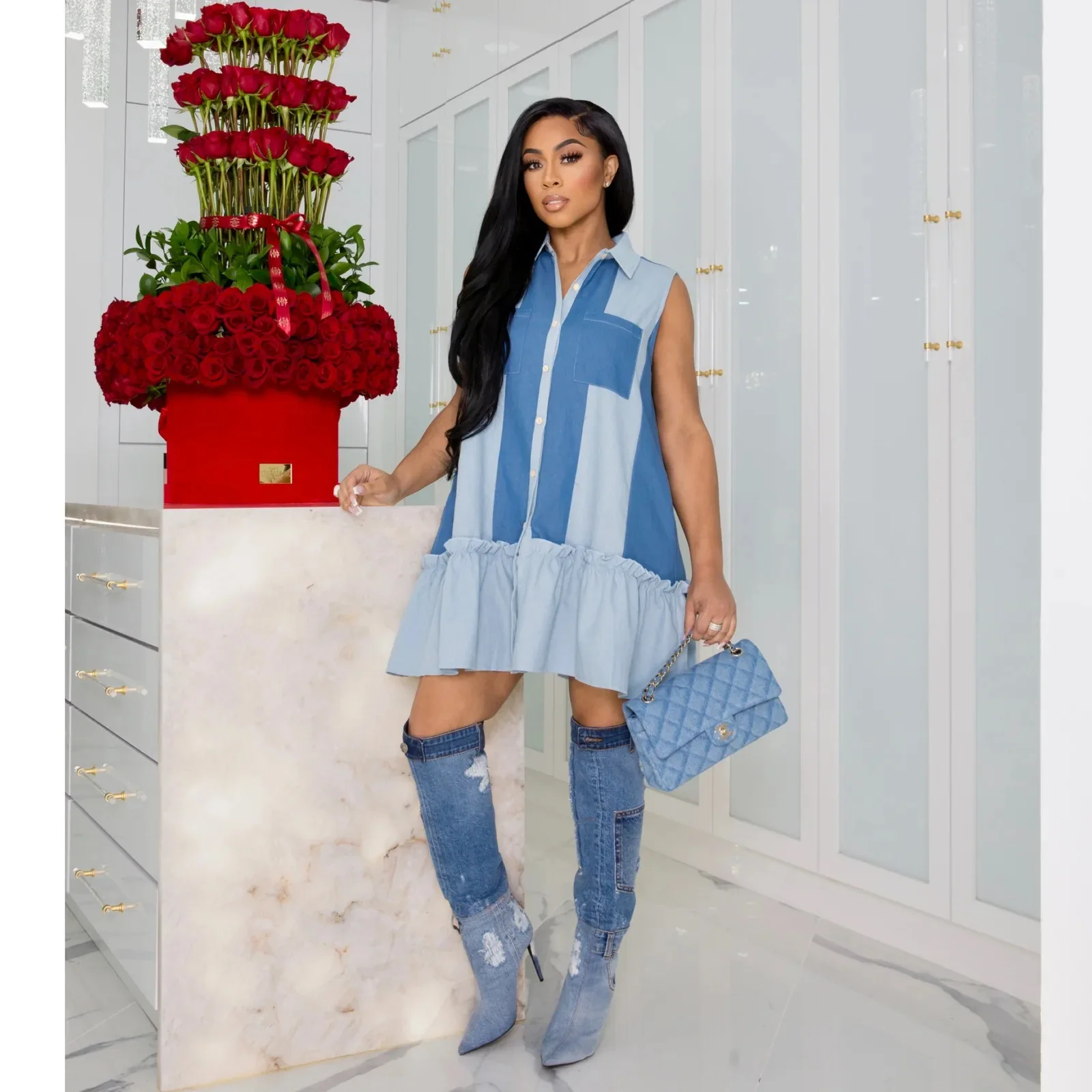 

Chocomist Dresses Casual Color Block Loose Women Shirt Dress