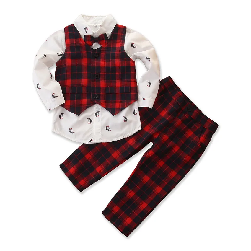 

Autumn Boy Gentleman Set White Blouse + Plaid Vest + Pants Suits for Kids 3pcs