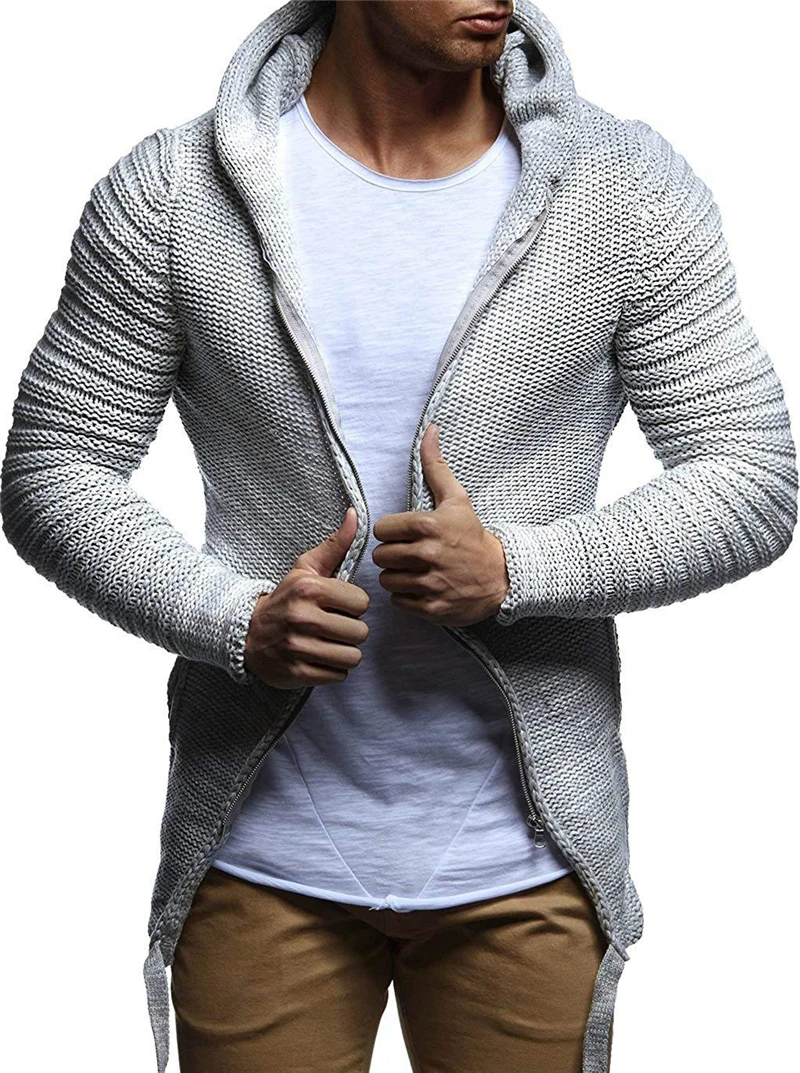 

Men Clothes Casual Coat Beige Striped Spliced Knitted Cardigan Man Full Zip Mens Sweaters Warm Winter Hooded Mans Sweater Male