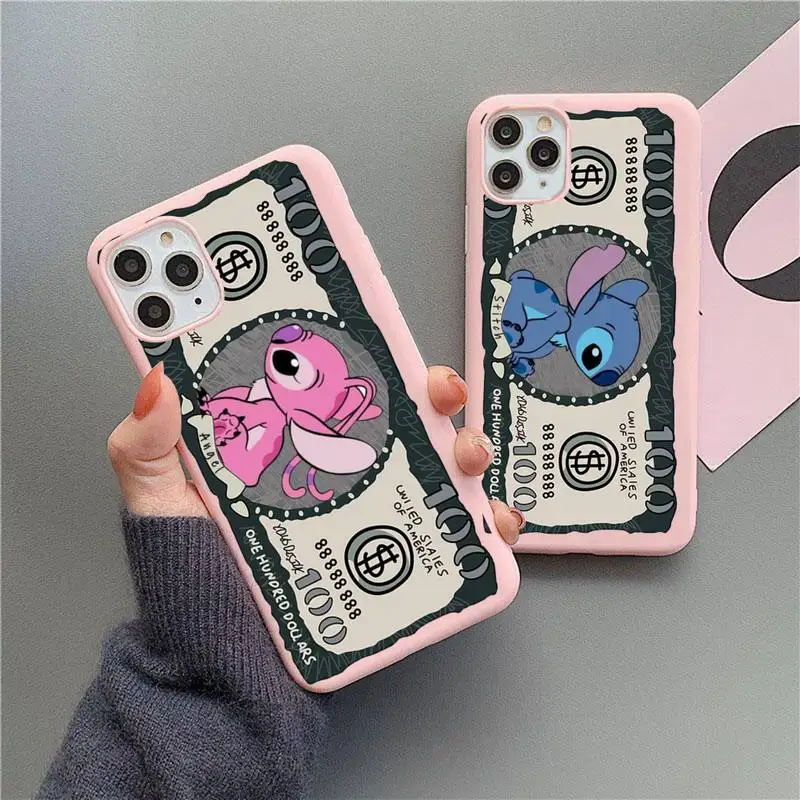 

Cute Cartoon Disney stitch Dollars Phone Case For iphone 13 12 11 Pro Max Mini XS 8 7 6 6S Plus X SE 2020 XR Candy Pink Silicone