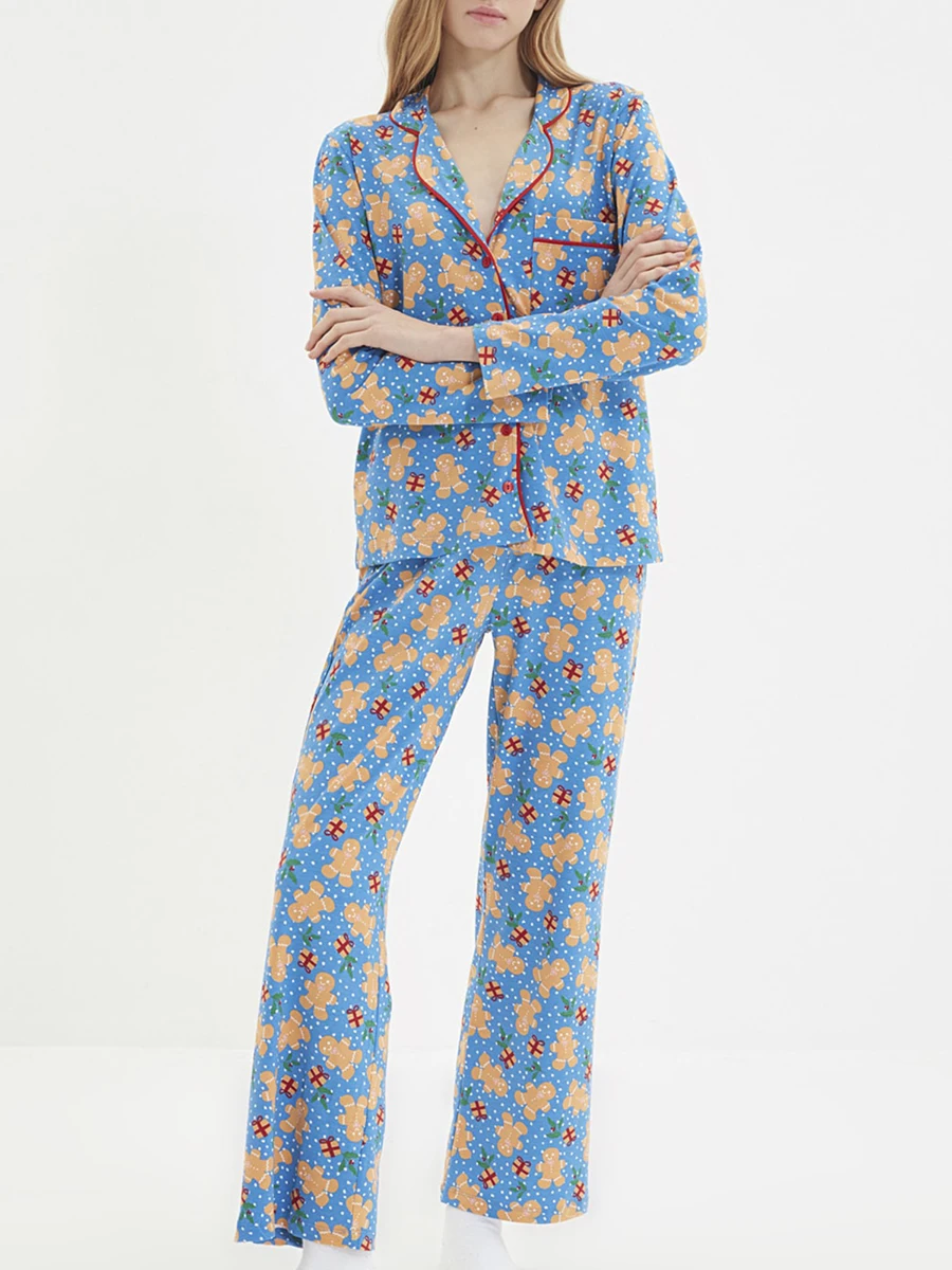 Женские рождественские пижамные комплекты с пряничным принтом топы на пуговицах