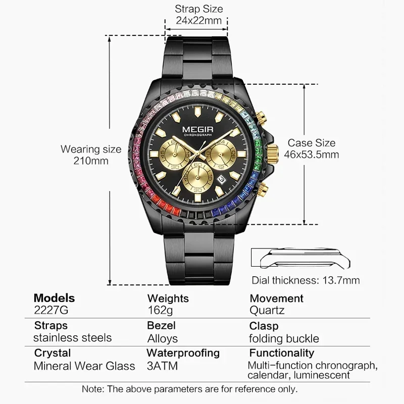 MEGIR роскошные кварцевые часы со стразами и хронографом мужские светящиеся
