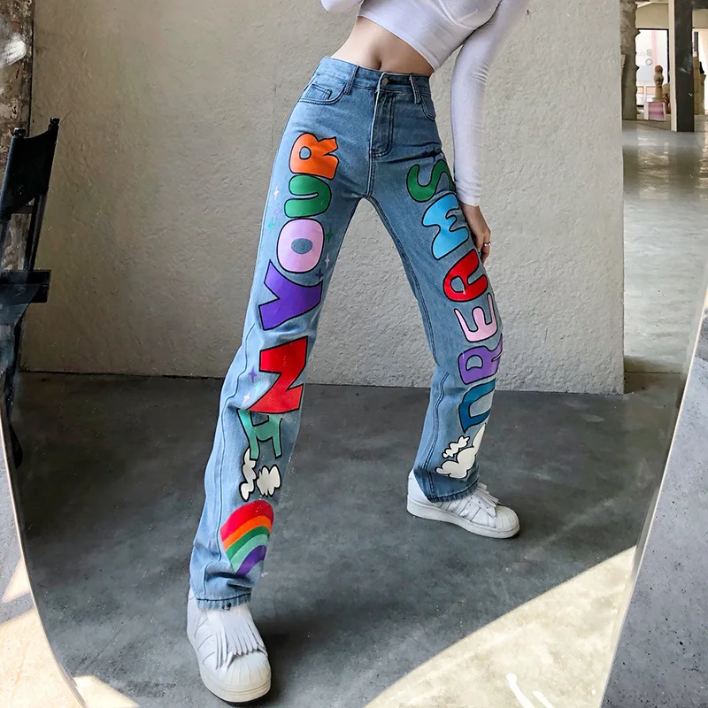 

Y2k Letter Print Jeans Women High Waist Baggy Fashion Streetwear Vintage Straight Trousers Female Cargo Denim Pants Harajuku New