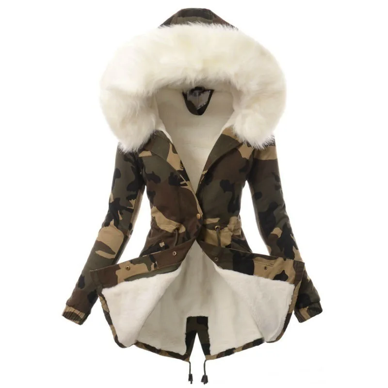 Autumn and winter coat warm cotton coat plush thickened wool collar hooded camouflage cotton coat for women