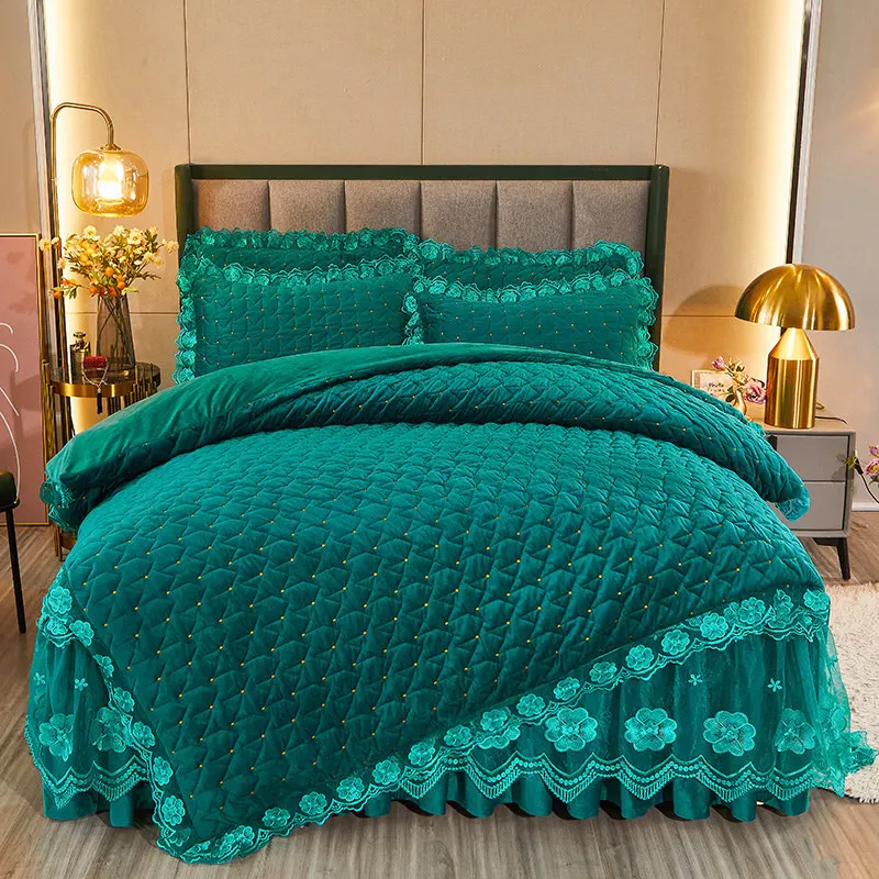

Thick Crystal Velvet Duvet Cover Set Korean Queen 200x230cm Winter Embroidery Lace Quilted Quilt Cover Double Bed 2 Pillowcases