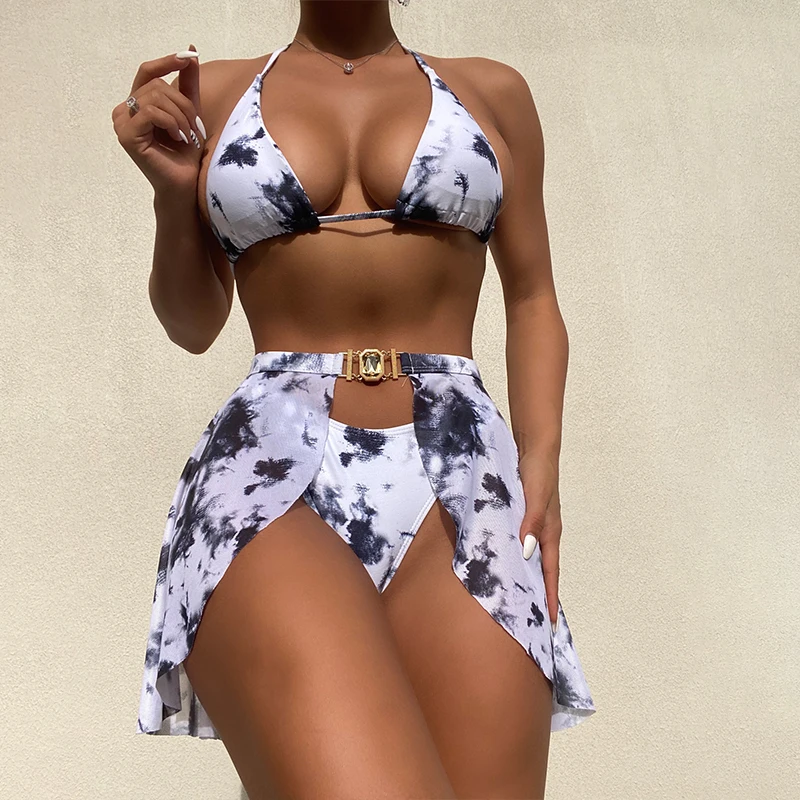 

2022 New Tie Dye With Sarong Halter Bikini Female Swimsuit Women Swimwear Three-pieces Bikini set Bather Bathing Suit Swim