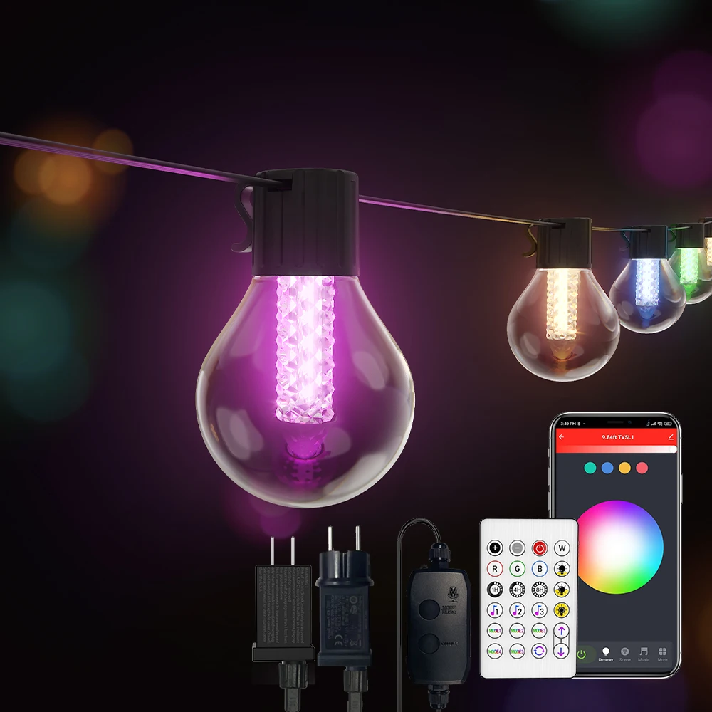 

25Ft G40 Bulb Globe String Lights App Control Outdoor Fairy Retro Patio Garland Light Music Sync For Garden Backyard Decoration