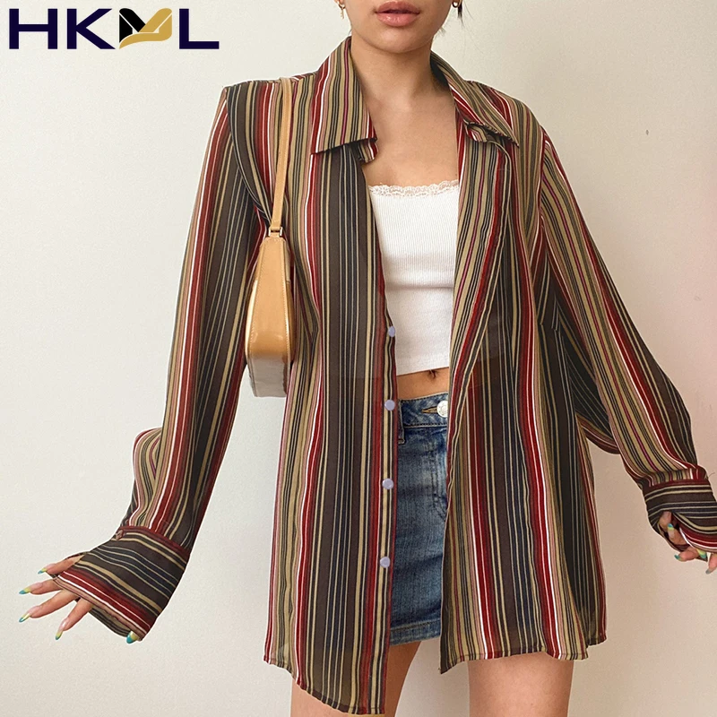 

Women Lounge Wear Button Up Long Sleeve Academic Aesthetic Stripe Chiffon Cardigan Shirts Casual Blouses