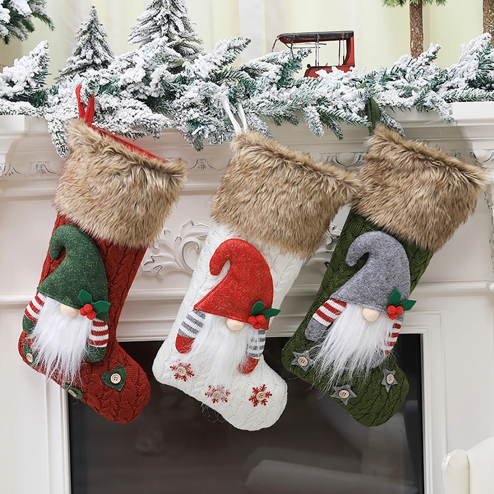 

Christmas Stocking Knitted Socks Santa Claus Candy Bag Xmas Tree Ornament Home Decoration, Red and Green and White